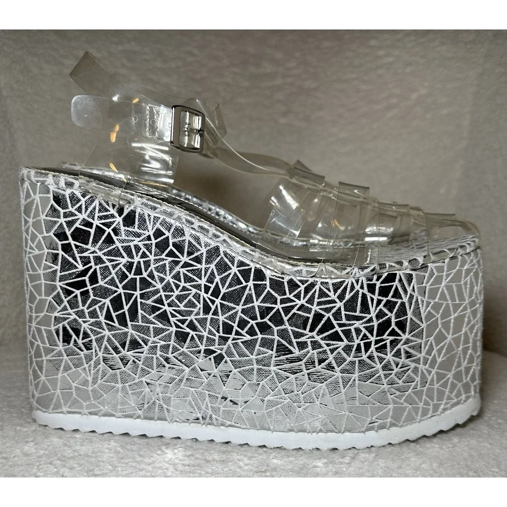 Dolls Kill Platform Shoes 7.5 8 Silver Sandals Club Rave Party Goth Punk Chunky